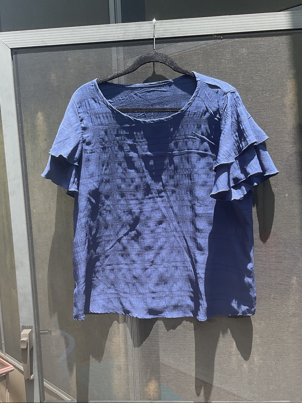 Textured Ruffle Sleeve Crewneck Top - Blue